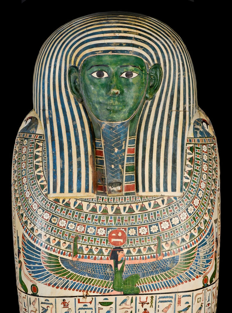 Egyptische Vogels - Sarcofaag van Peftjaoeneith uit de collectie van het Rijksmuseum van Oudheden, het originele kunstwerk achter de sokken