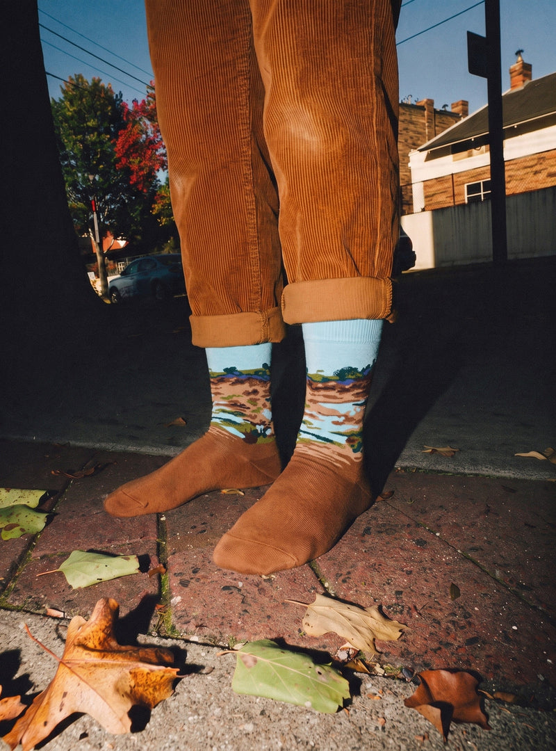 Bloei van de Gagel sokken gedragen bij een corduroy broek op straat