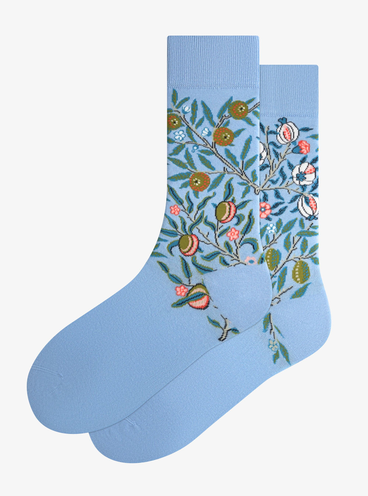Pomegranate socks by Kunstsokken after William Morris, light blue with pomegranates and lemons