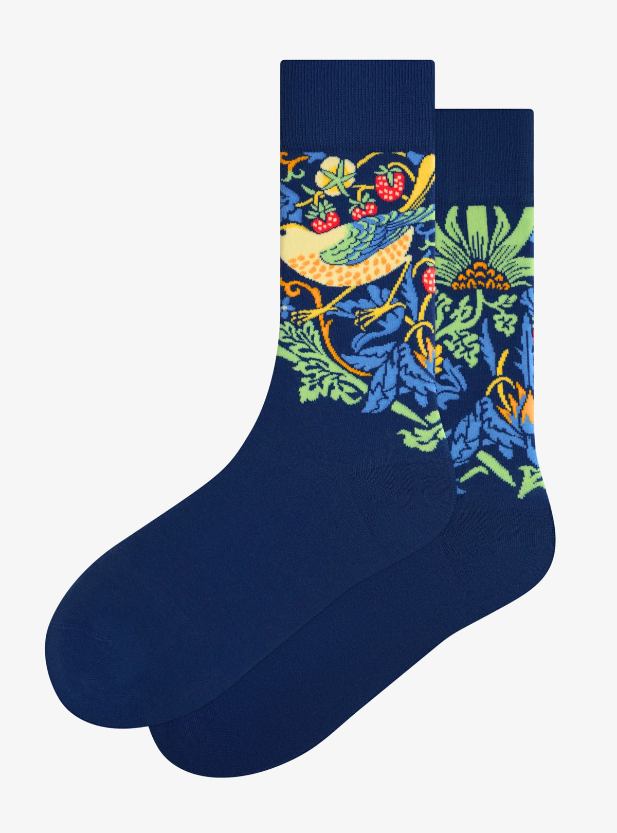 Strawberry Thief socks by Kunstsokken after William Morris, indigo with thrushes and strawberries