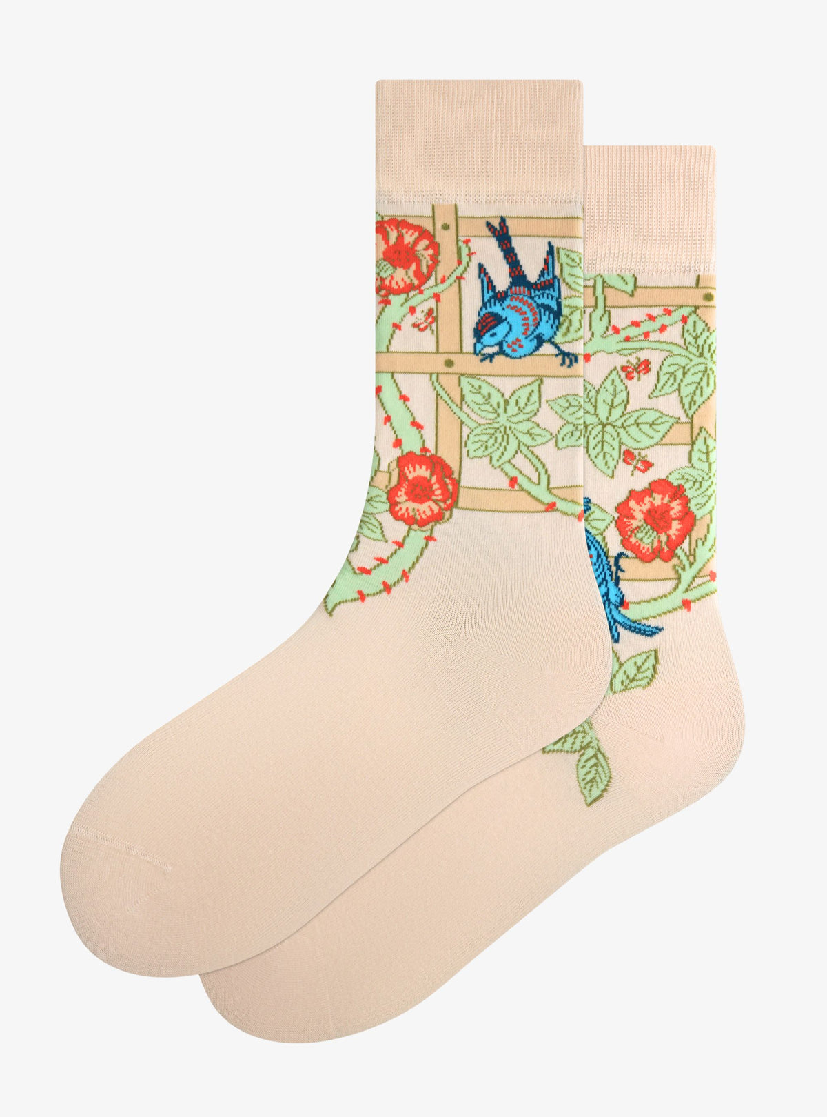 Trellis socks by Kunstsokken after William Morris, cream with roses, trellis and blue birds