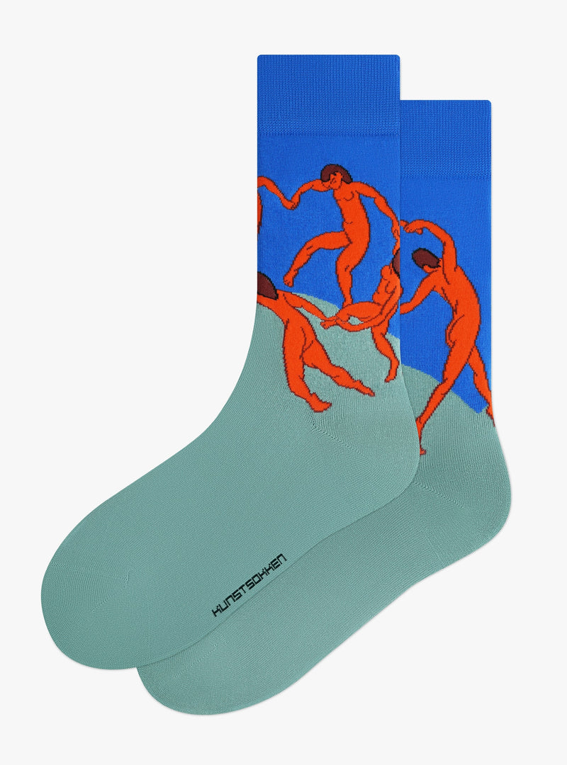 De Dans sokken van Kunstsokken naar Henri Matisse, blauw en groen met oranje dansende figuren