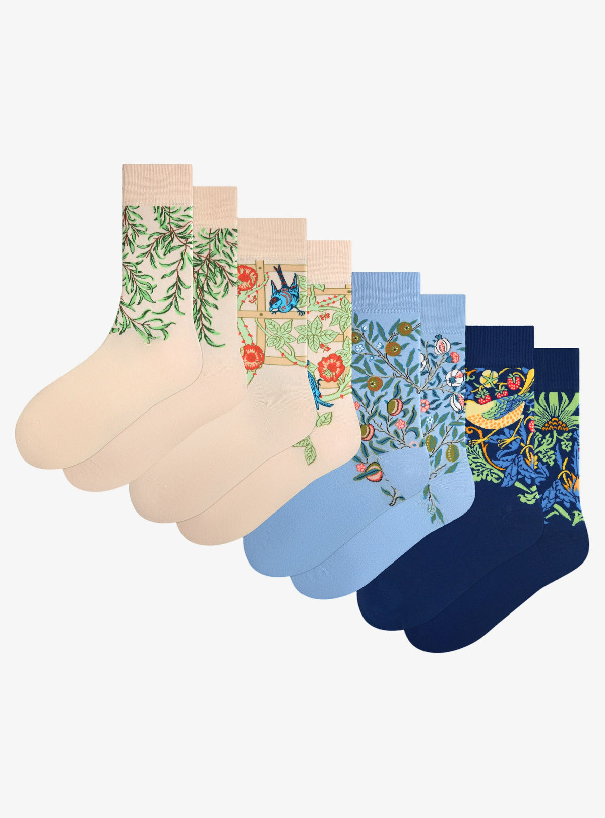 William Morris Collection 4-Pack by Kunstsokken: Willow Bough, Trellis, Pomegranate and Strawberry Thief socks side by side